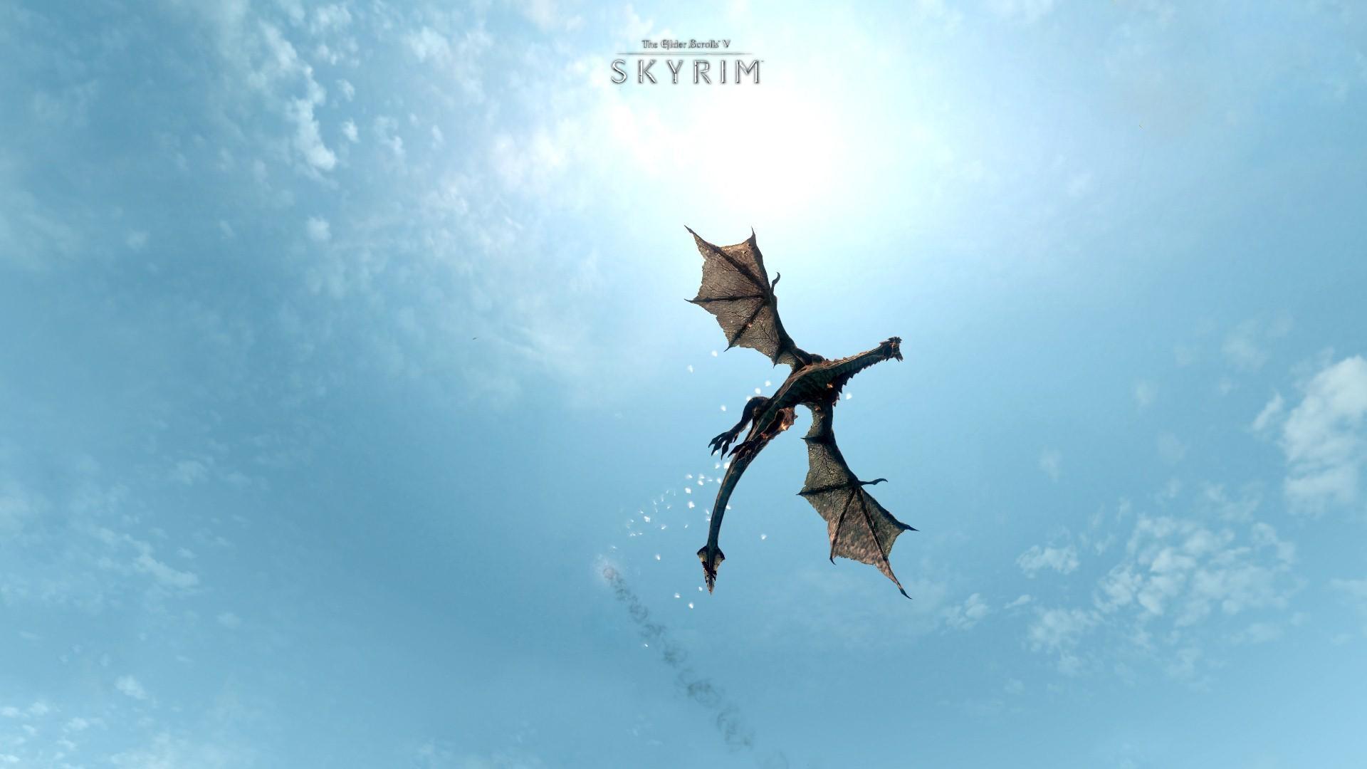 Wallpaper The Elder Scrolls V - Flying Dragon In Sky - HD Wallpaper 