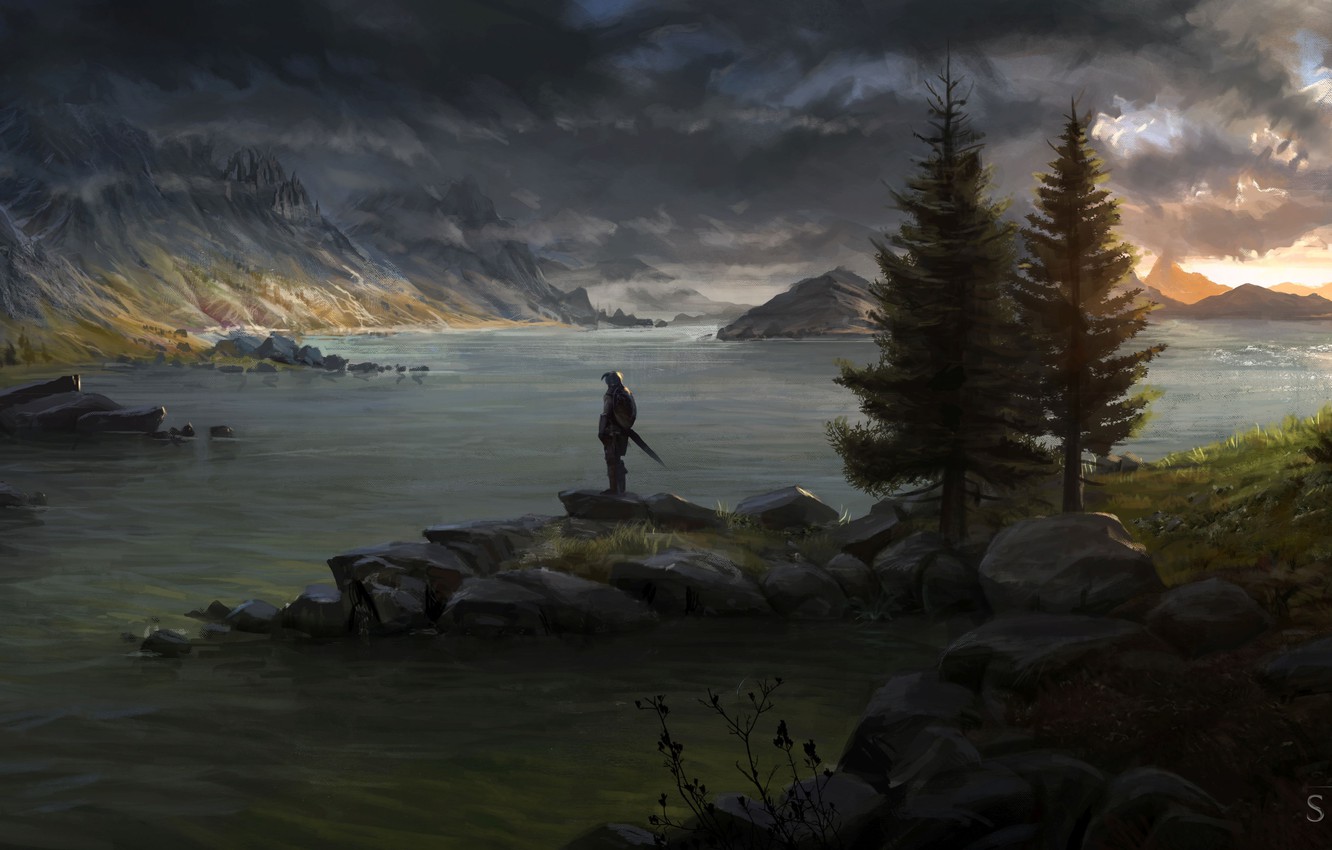 Photo Wallpaper Trees, Mountains, River, People, Sword, - Skyrim Main Menu Design Replacer - HD Wallpaper 