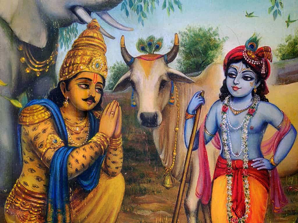 Indra Folding Hands Infront Of Krishna - Lord Indra And Krishna - HD Wallpaper 