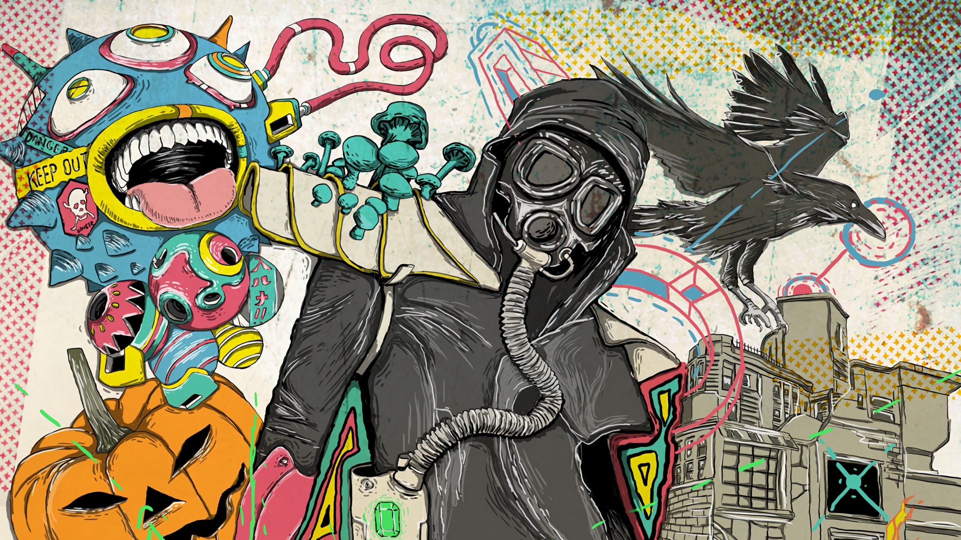 Wallpaper Gas Mask, Man, Art, Crow, Lotus, Fish, Dreams, - Gas Mask Man Cartoon - HD Wallpaper 