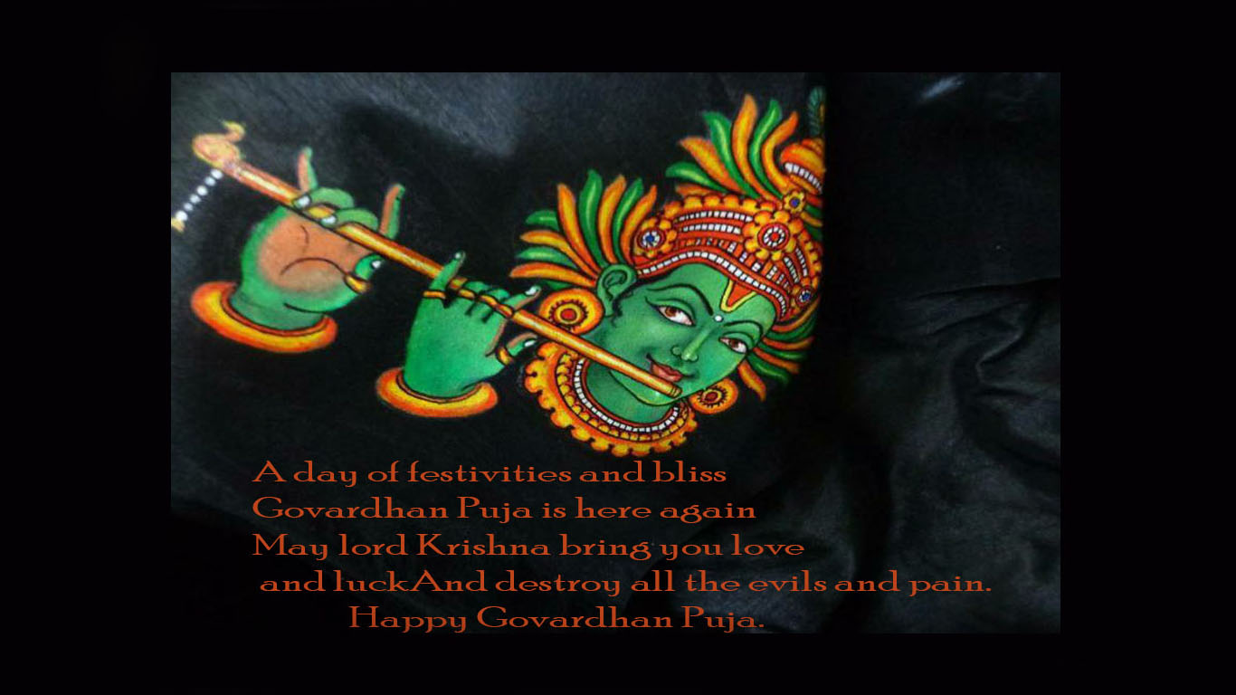 Govardhan Puja Attitude Status In English - Krishna Mural Painting On Saree - HD Wallpaper 