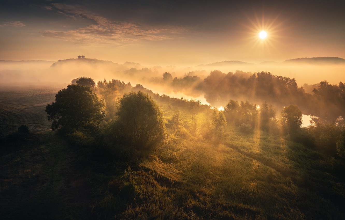 Photo Wallpaper Rays, Fog, River, Sunrise, The Sun, - Fog Sun - HD Wallpaper 