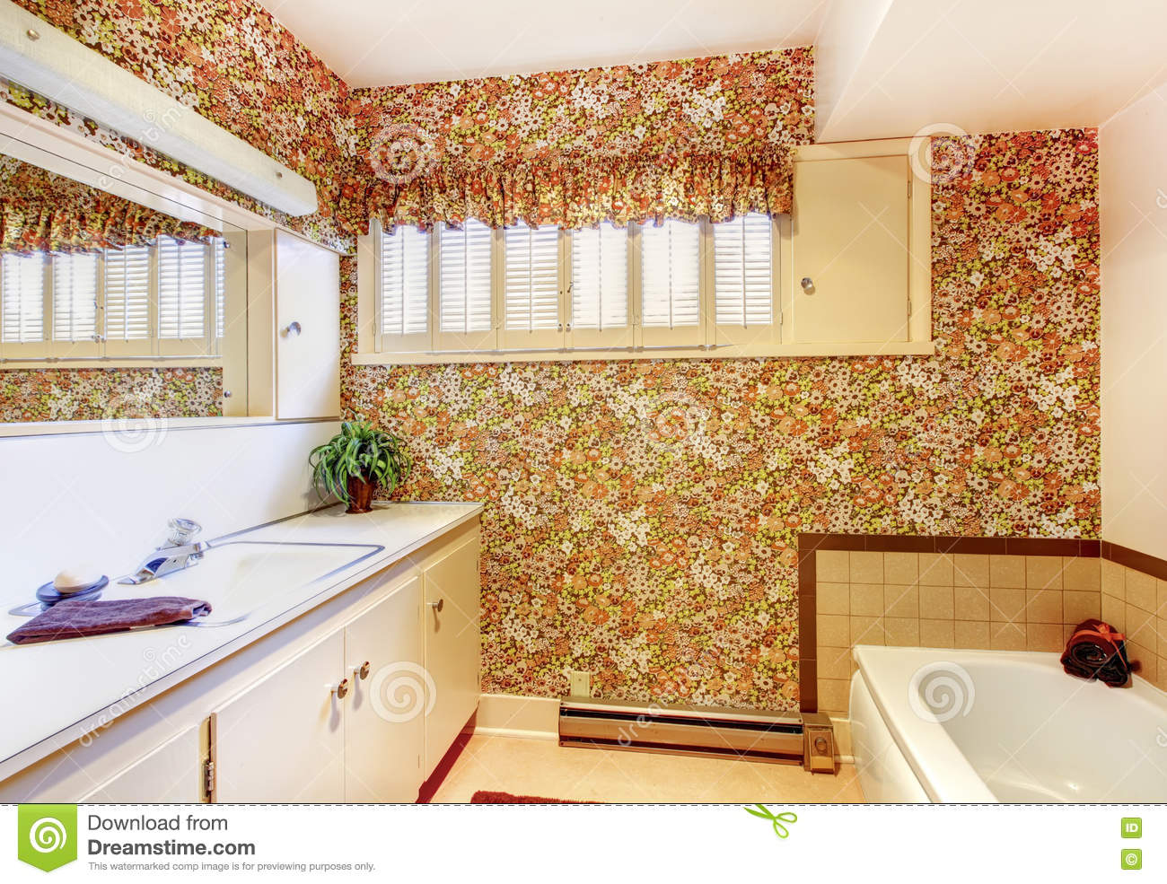 Old Bathroom With Floral Pattern Wallpaper, White Cabinets - Bathroom - HD Wallpaper 