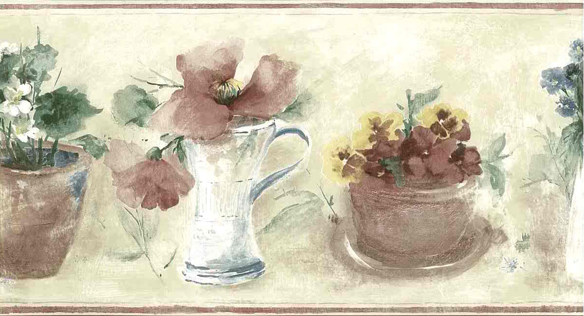 Floral Vintage Wallpaper, Border, Brown, Green, Terracotta, - Vase - HD Wallpaper 