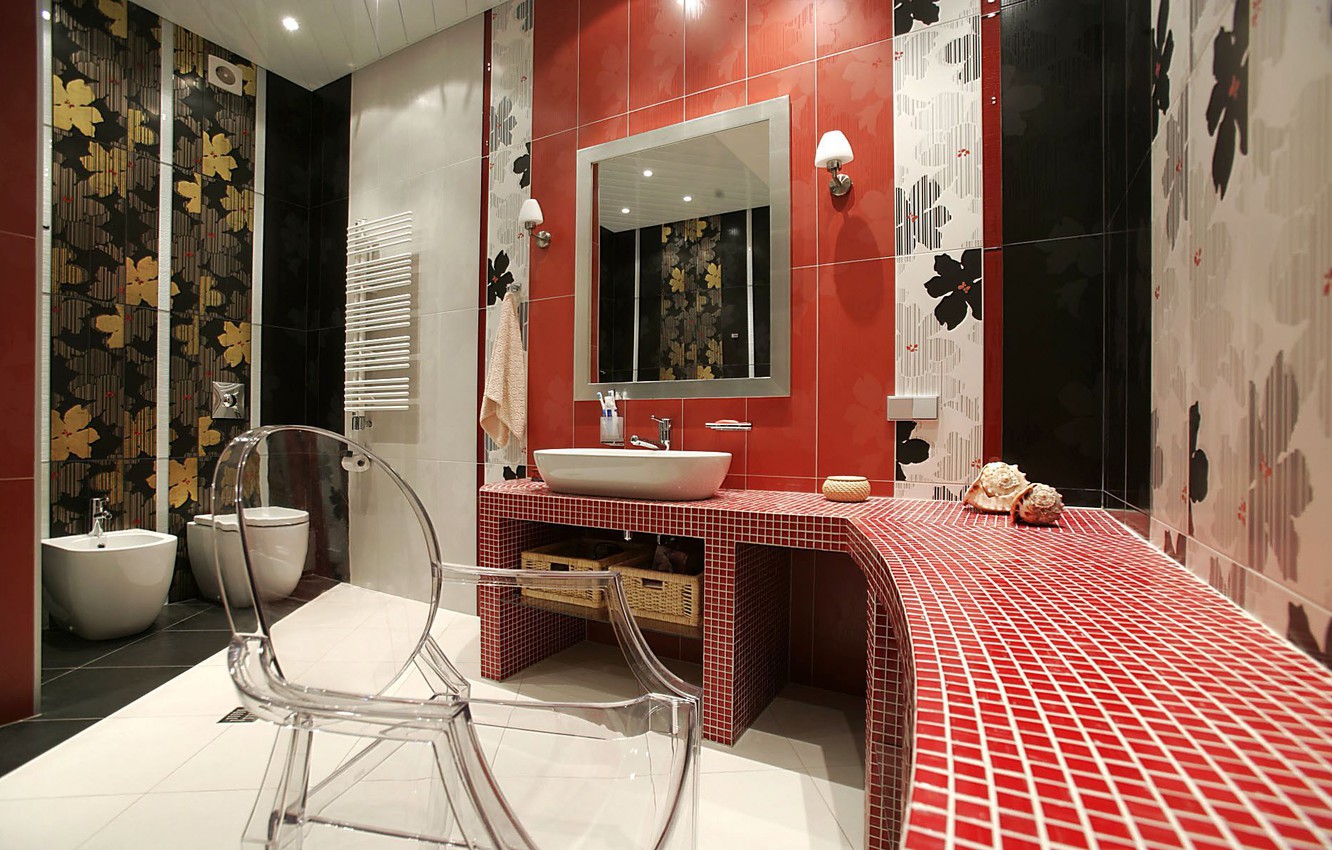 Photo Wallpaper Room, Tile, Sink, Mirror, Chair, Toilet, - Nice Interior - HD Wallpaper 