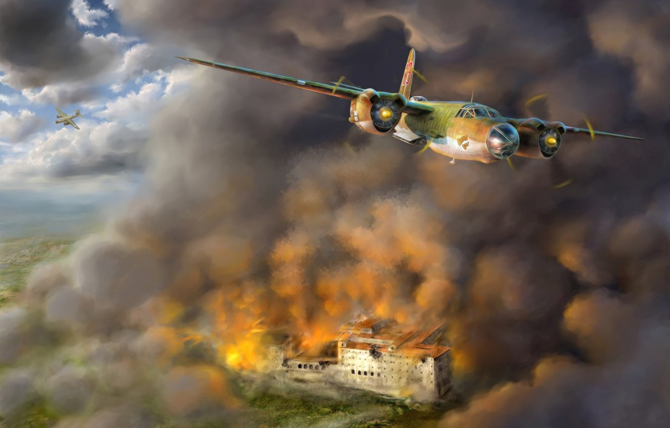 Photo Wallpaper Bomber, War, Art, Airplane, Painting, - Monte Cassino Battle Art - HD Wallpaper 