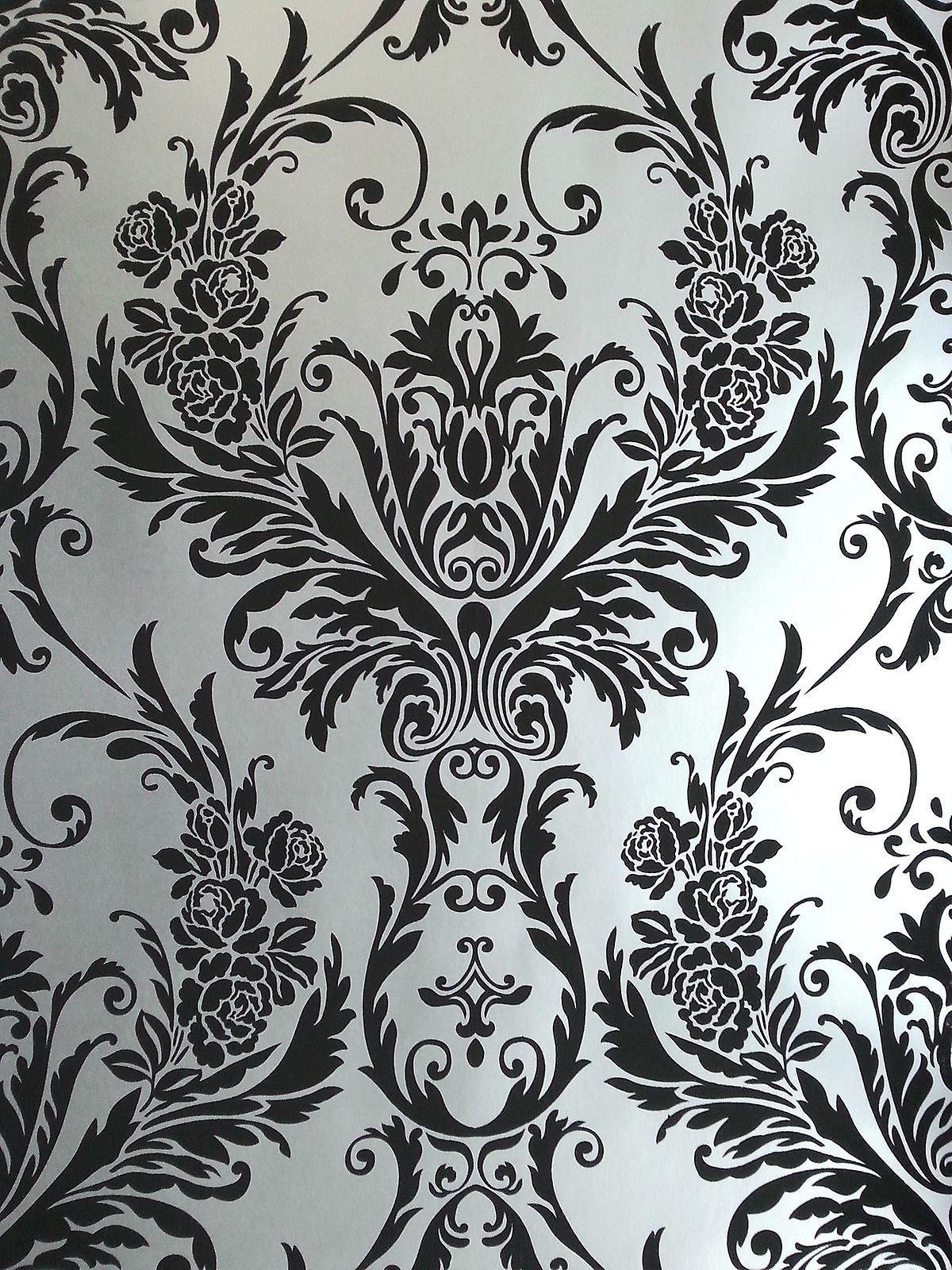 Debona Damask Medina Flock Effect Silver Black Luxury Silver Black