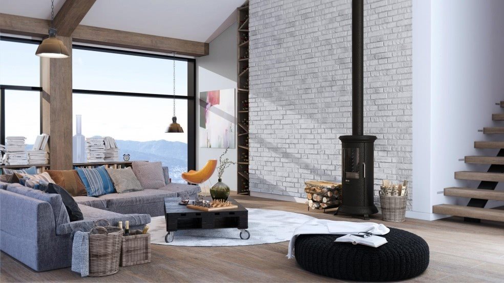 White Brick Wall In Contemporary Living Room - White Brick Wall Interior - HD Wallpaper 
