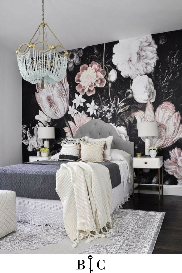Black Floral Wallpaper Bedroom - HD Wallpaper 