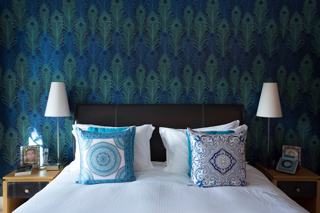 Download Peacock Wallpaper Feature Wall In White Bedroom Modern Blue Wallpaper Feature Wall