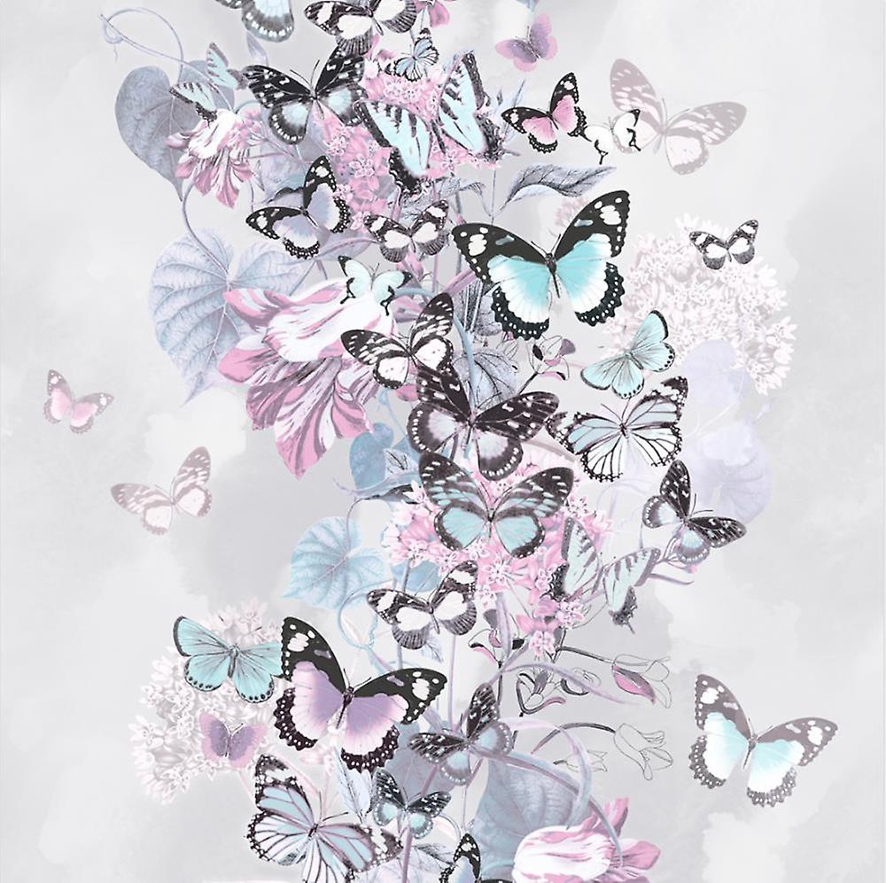 Grey Pink Blue Floral Butterfly Wallpaper Glitter Botanical - Butterfly - HD Wallpaper 