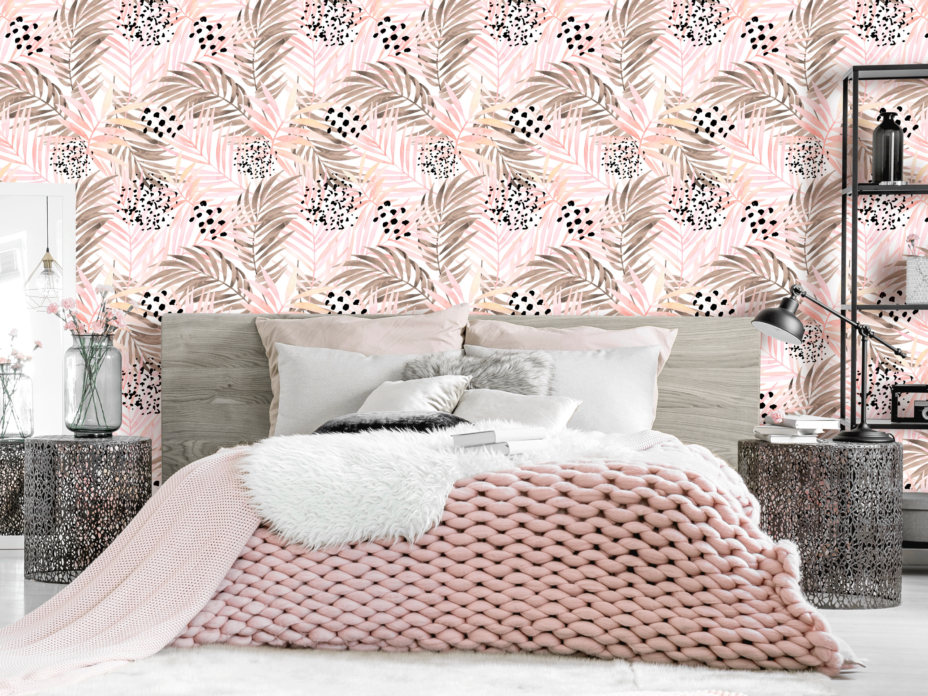 Modern Wallpaper Pink Palm Leaves - Tapeta Drewno - HD Wallpaper 