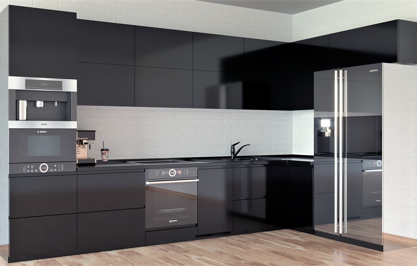Photo Wallpaper Black, Kitchen, Render - Кухня Рендер - HD Wallpaper 