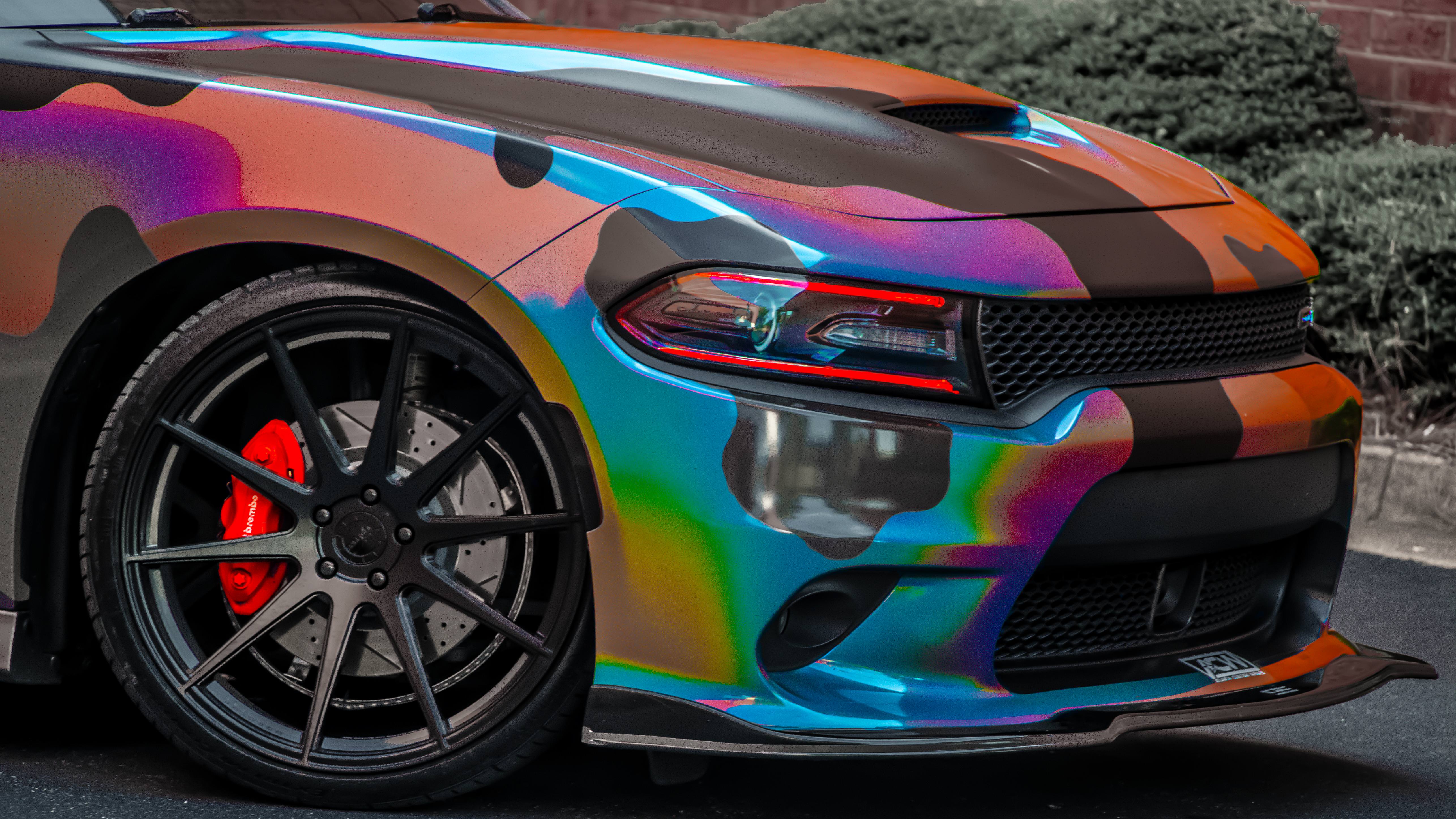 Holographic Camo Wrapped Dodge Charger Scatpack Wallpaper Wrapped