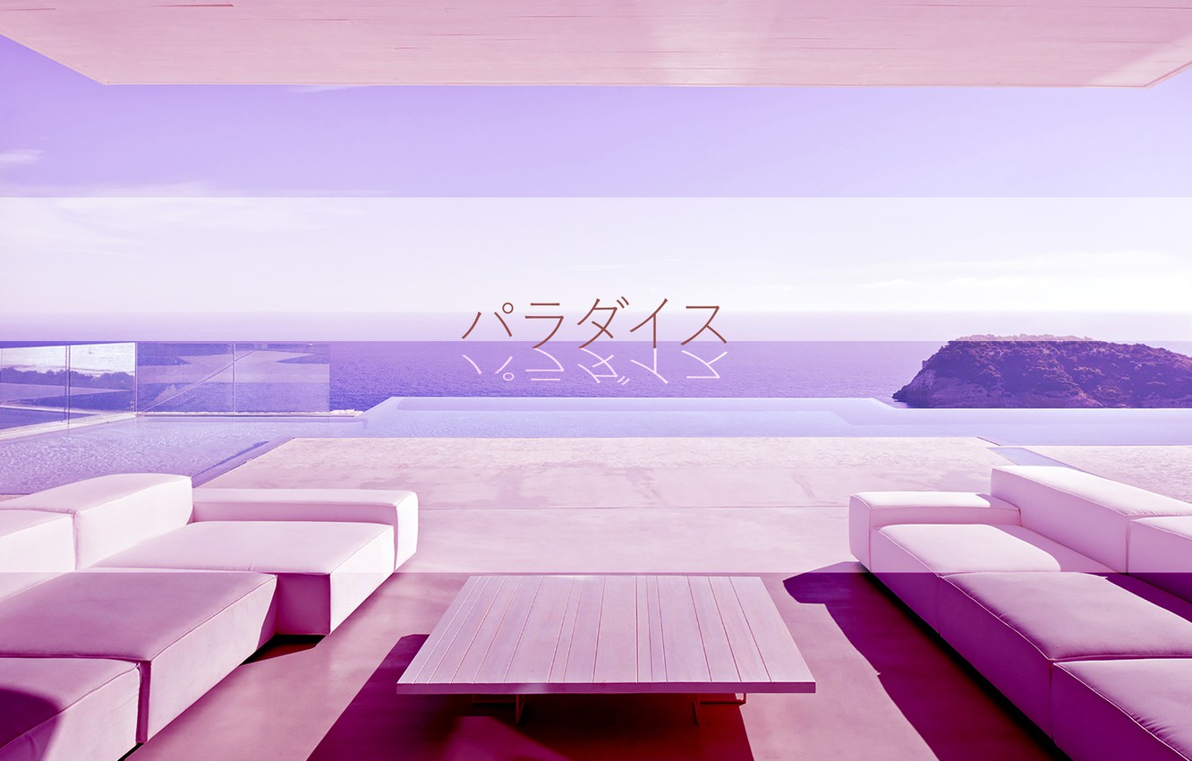 Photo Wallpaper Sea, Table, Room, Sofa, Pink, Japanese, - Vaporwave На Рабочий Стол - HD Wallpaper 