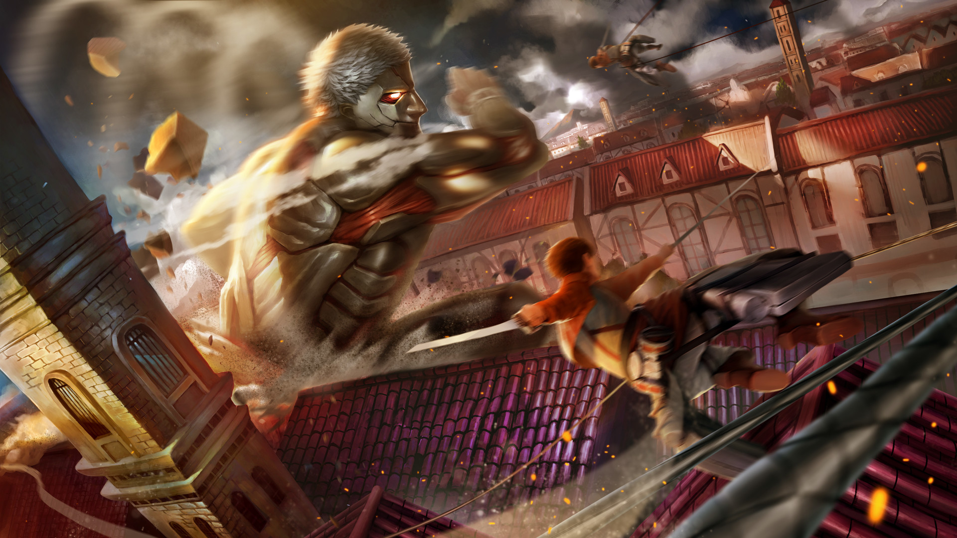 Wallpaper Of Armored Titan, Attack On Titan, City, - Attack On Titan Destroyed Background - HD Wallpaper 