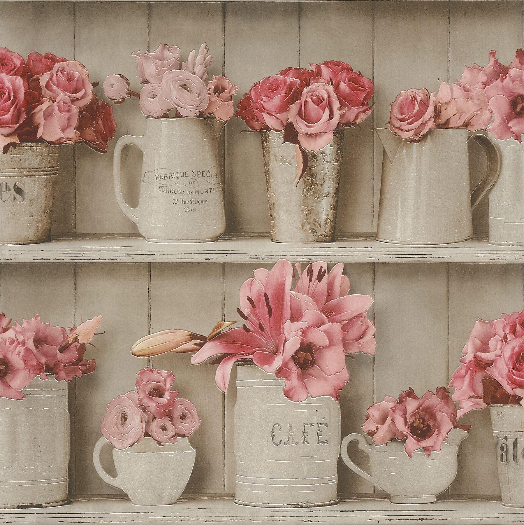 Pink Grey Flowerpot Wood Shelf Wallpaper Kitchen Bathroom - Flower Tiles For Kitchen - HD Wallpaper 