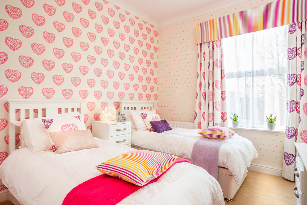 Twin Kids Bedroom Designs Kids Traditional With Patterned - Beautiful Wallpapers For Girls Room - HD Wallpaper 