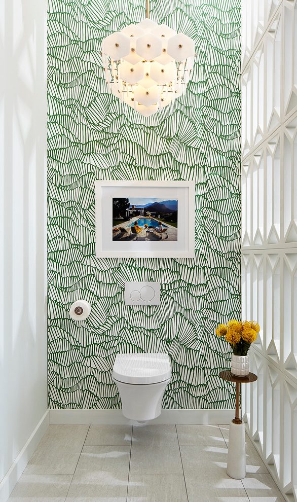 Dallas Moroccan Design Wallpaper With Midcentury Shower - Green Wallpaper Powder Room - HD Wallpaper 