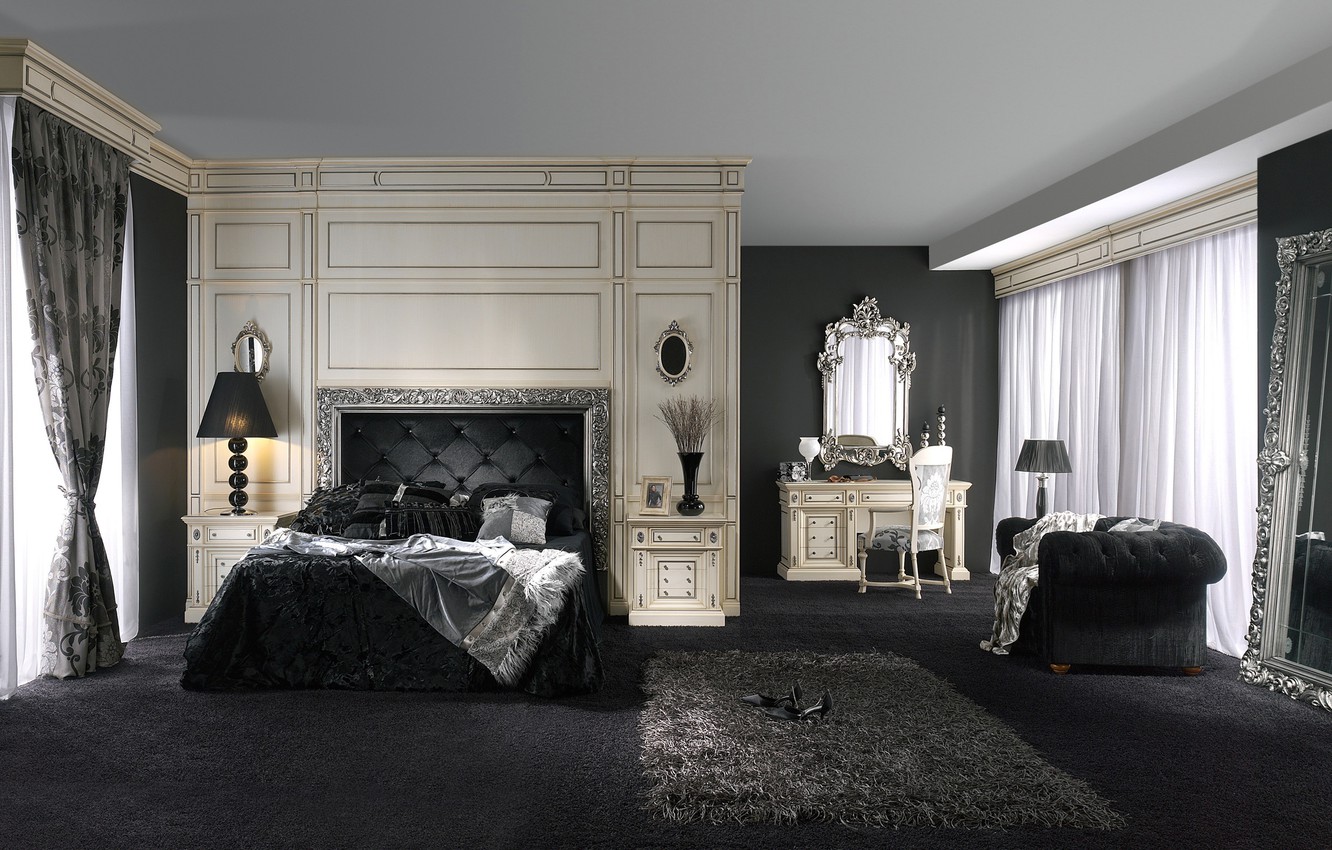 Photo Wallpaper White, Carpet, Black, Bed, Chair, Mirror, - Dormitorio Aleman - HD Wallpaper 
