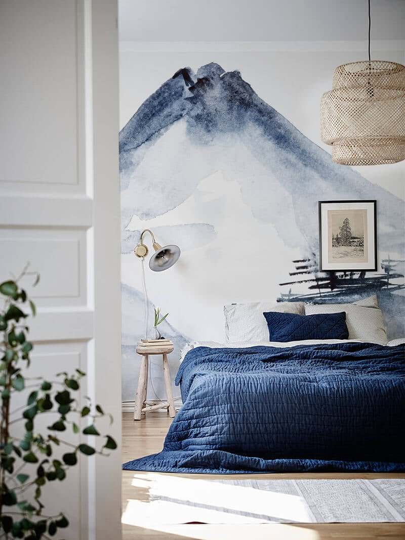 Minimalist Watercolor Blue Mountain Wallpaper - Navy Blue Minimalist Bedroom - HD Wallpaper 