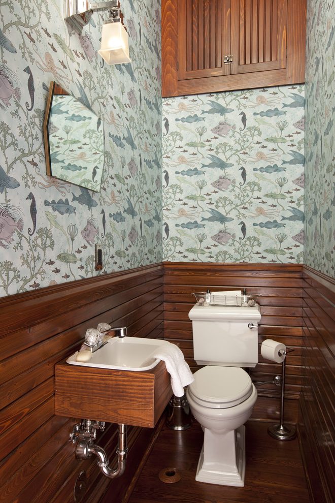 Animal Wallpaper Powder Room Traditional With Light - Bathroom - HD Wallpaper 