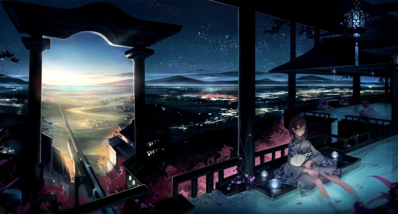Japan Night Original Characters Landscape Anime Wallpaper - Japan Anime  Wallpaper Night - 1297x698 Wallpaper 