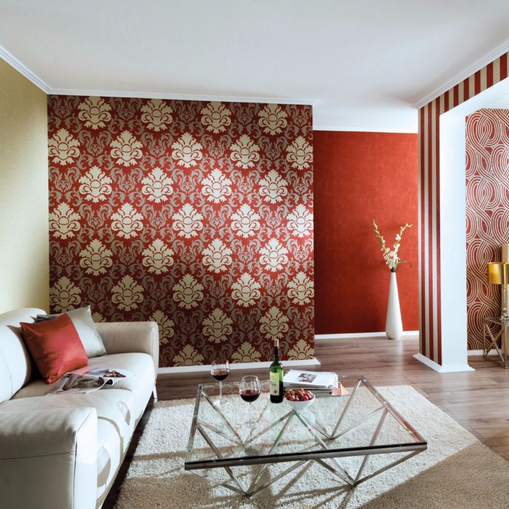 Red Damask Feature Wall - HD Wallpaper 