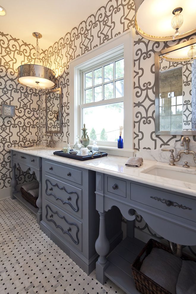 Minneapolis Wallpaper Silver With Wicker Rattan Baskets - Bathroom - HD Wallpaper 