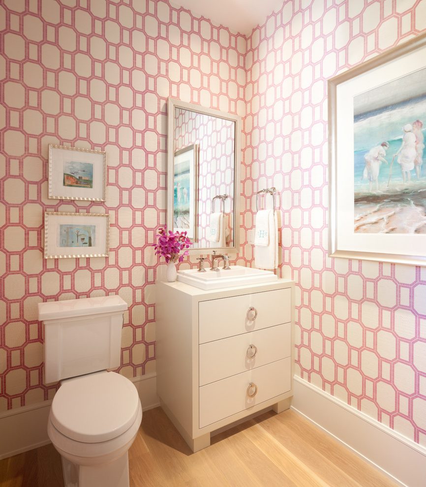 Wonderful Pink Wallpaper Transitional Powder Room In - Bathroom - HD Wallpaper 