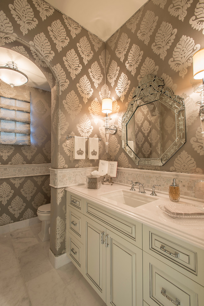 Luxury Wallpaper Bathroom Mediterranean With Hollywood - Silver Mirror On Brown - HD Wallpaper 