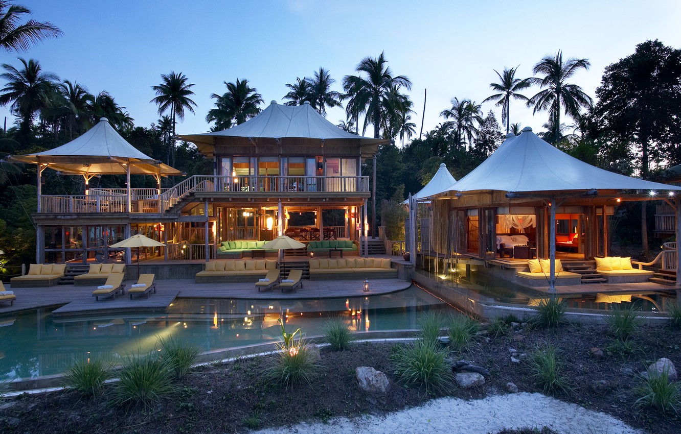 Photo Wallpaper House, Palm Trees, Sport, The Evening, - Soneva Kiri By Six Senses - HD Wallpaper 