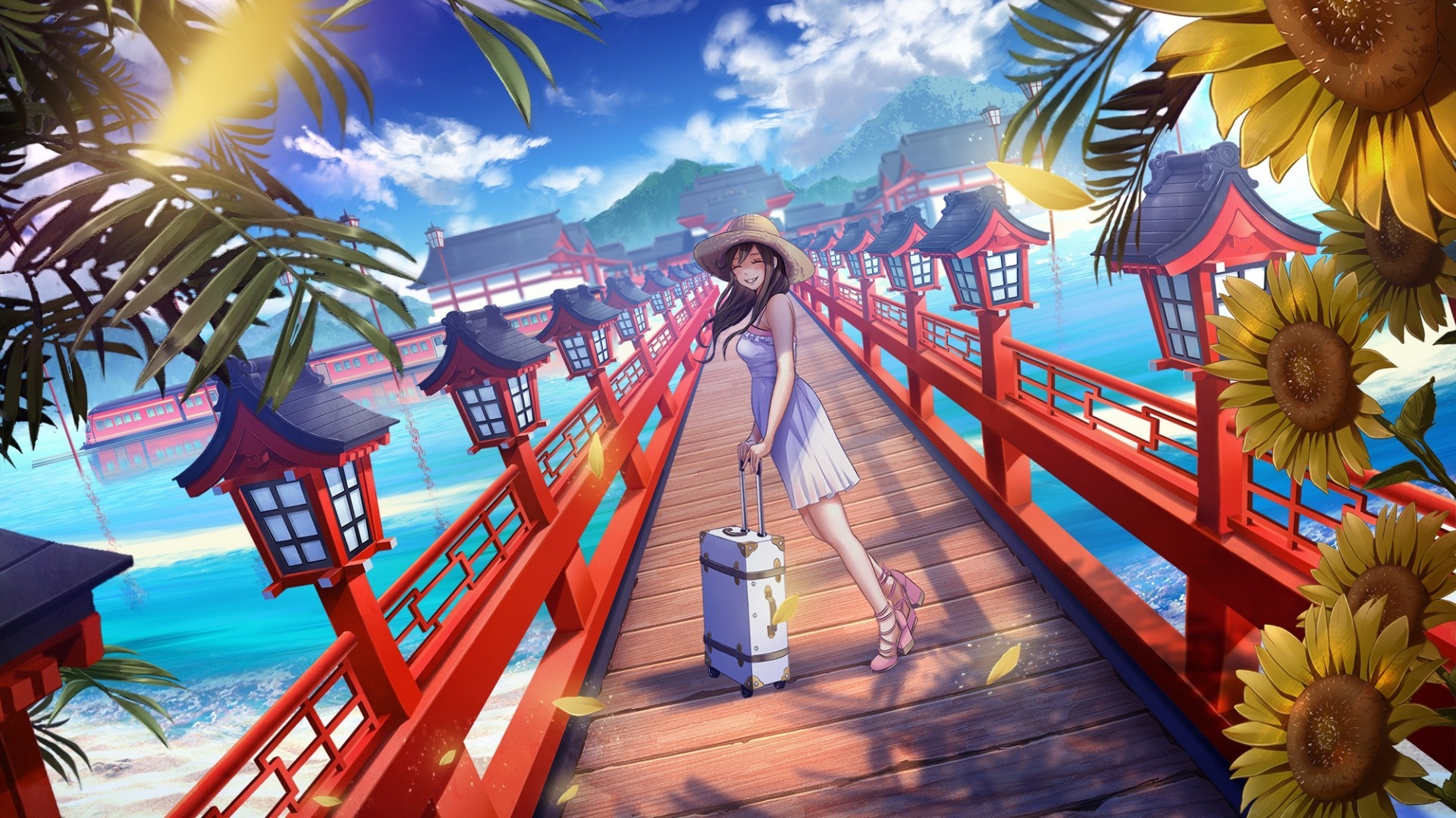 Anime Girl, Summer, Bridge, Japan Traditional Buildings Anime