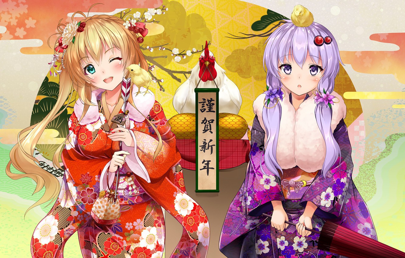 Photo Wallpaper Kawaii, Girl, New Year, Vocaloid, Bird, - Anime Girl Kimono  Cute - 1332x850 Wallpaper 
