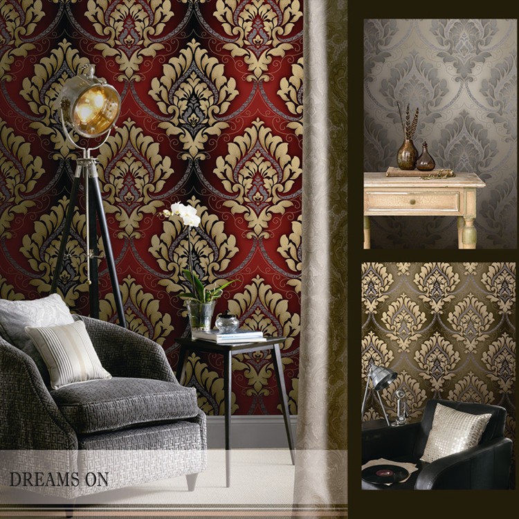 Red Classic Damask Design Pvc Wallpapers Room Wallpaper - Interior Design - HD Wallpaper 