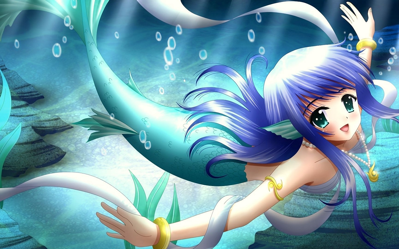 Wallpaper Anime, Girl, Mermaid, Tail, Smile - Cute Mermaid Anime Girl - HD Wallpaper 