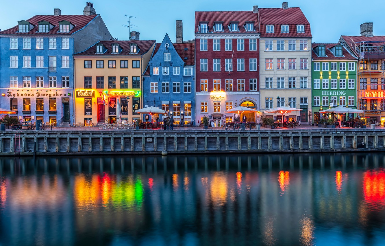 Photo Wallpaper Lights, River, Home, The Evening, Denmark, - Copenhagen Houses - HD Wallpaper 