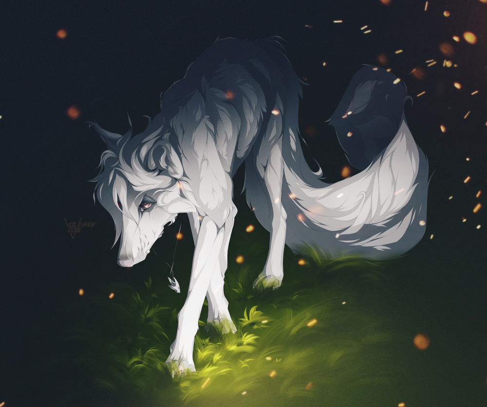 White Wolf, Long Tail, Creature, Forest, Grass, Sad - Fantasy White Wolf Art - HD Wallpaper 