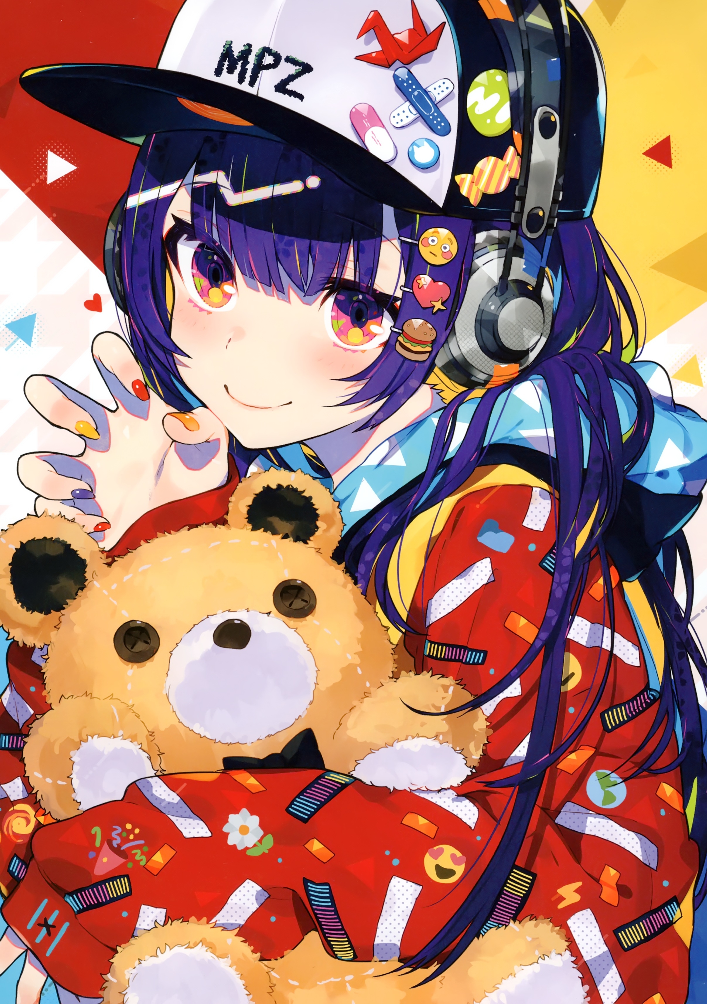 Anime Girl, Headphones, Purple Hair, Cap, Teddy Bear - Mika Pikazo Tokyo Girl - HD Wallpaper 