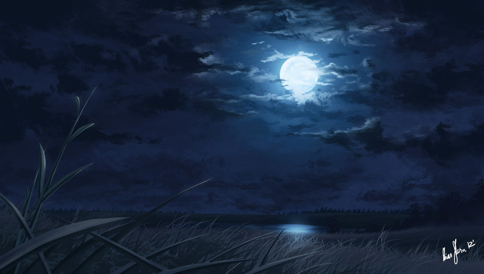 Art, The Reeds, The Lake, Night, The Moon Desktop Background - Moonlight Night Background - HD Wallpaper 