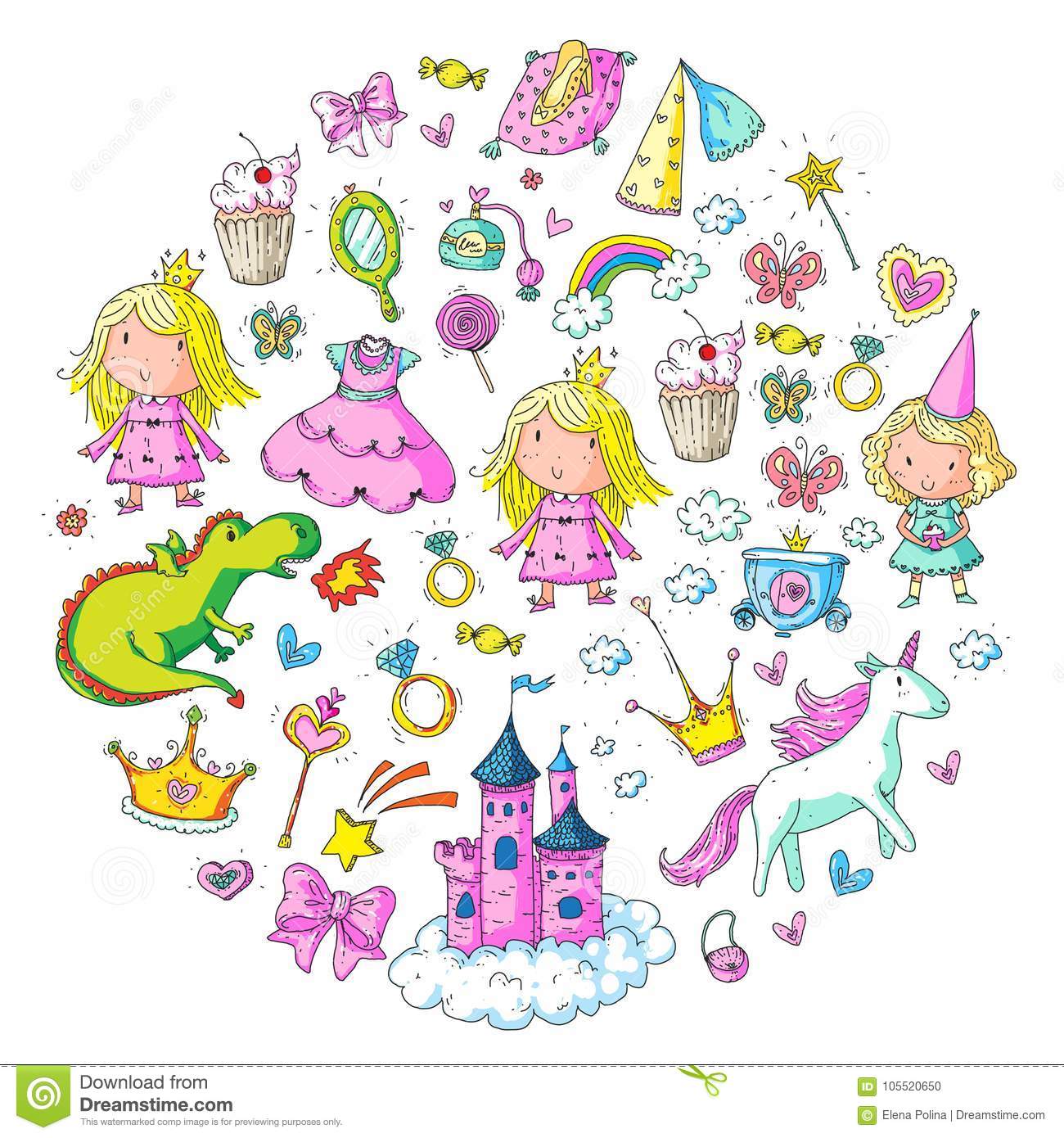 Cute Princess Icons Set With Unicorn, Dragon Girl Wallpaper - Baby Princess Cartoon Hd - HD Wallpaper 
