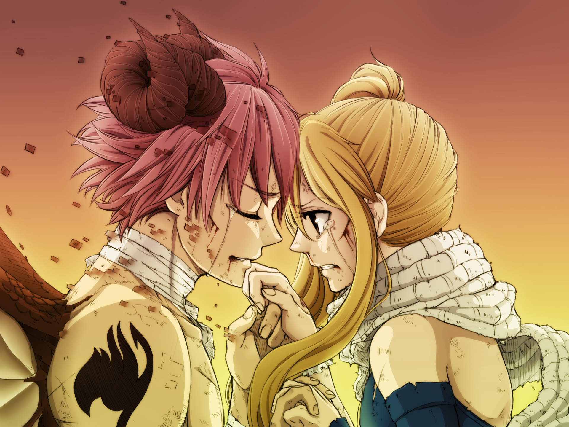 Natsu X Lucy, Fairy Tail, Tears, Scarf, After Fight - Fairy Tail Lucy And Natsu - HD Wallpaper 