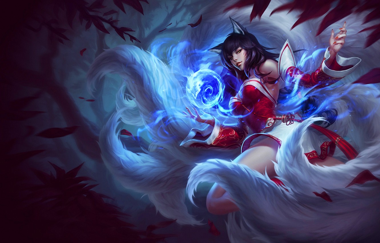 Photo Wallpaper Girl, Magic, Fox, Tail, Ears, League - Nine Tailed Fox Fire - HD Wallpaper 