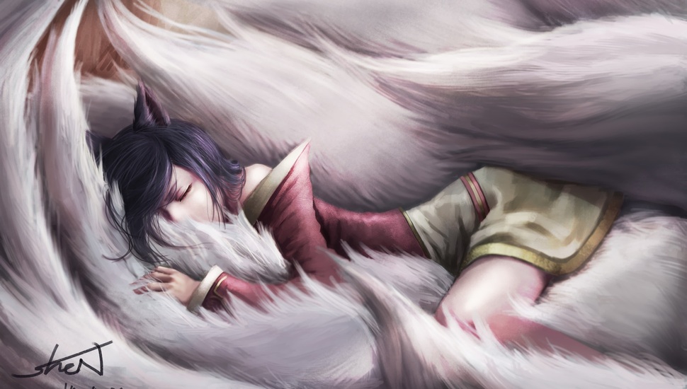 League Of Legends, Girl, Sleep, Sleeping, Ahri, Art, - Good Night League Of Legends - HD Wallpaper 