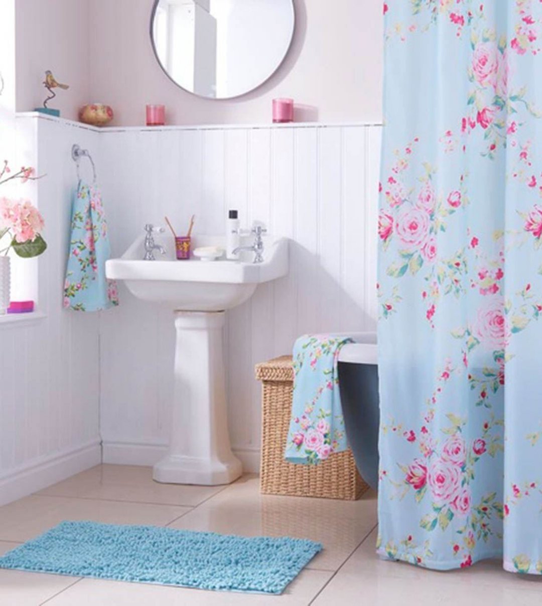 Pink And Blue Floral Shower Curtain - HD Wallpaper 
