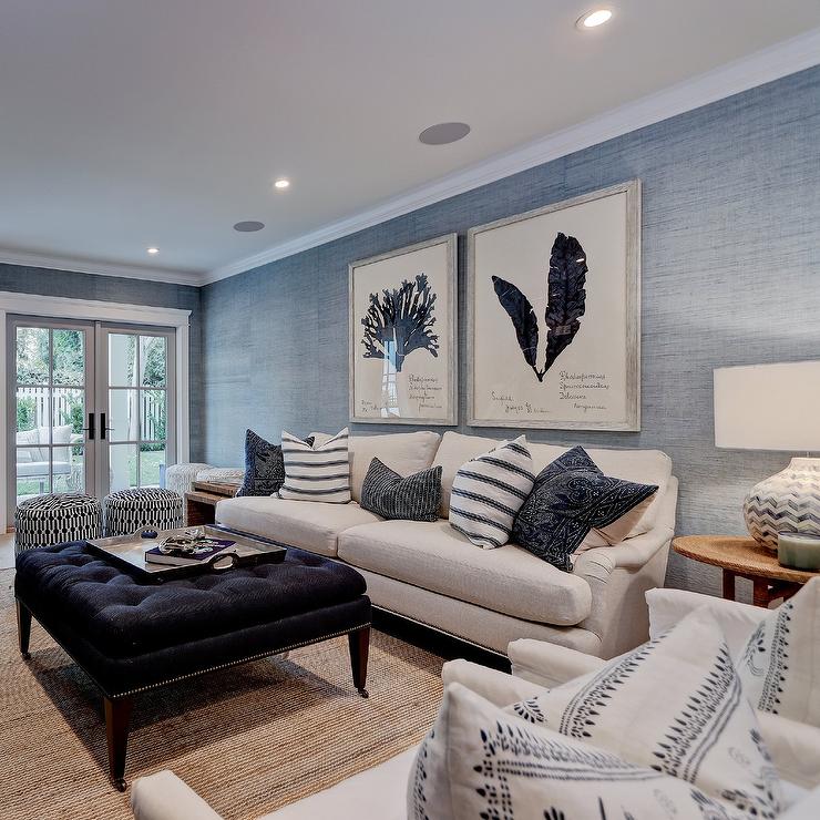 Blue Grasscloth Living Room - HD Wallpaper 