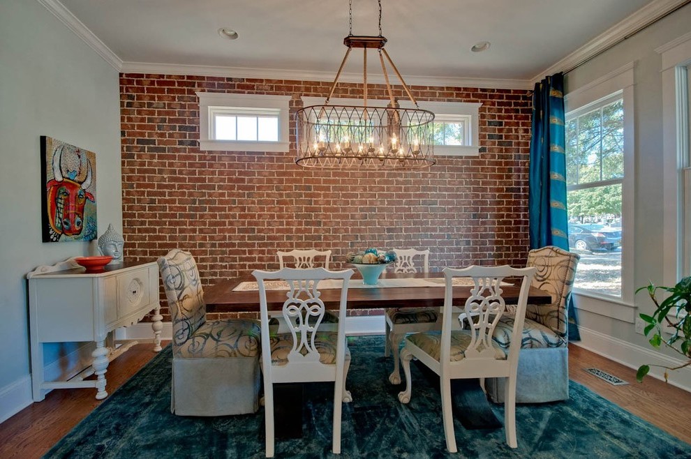 Interior Brick Wall Dining Room Craftsman With Dark - Dining Room - HD Wallpaper 