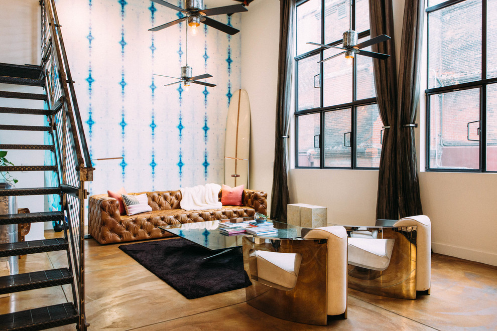 High Ceilings Living Room Industrial With Tie Dye Walls - Chesterfield Modern Living Room - HD Wallpaper 