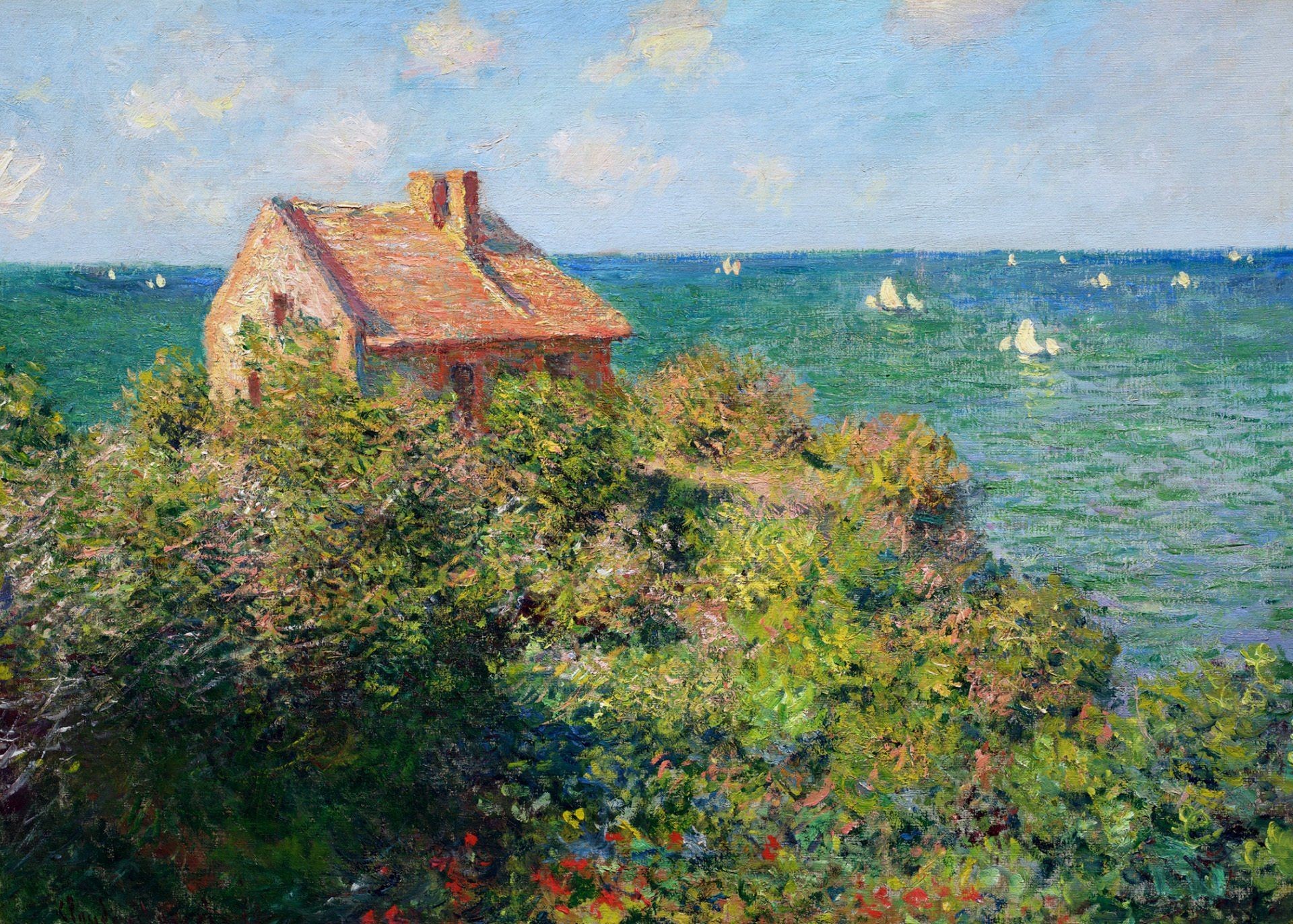 1920x1373, Claude Monet Pattern Landscape Sky Clouds - Claude Monet Fisherman's Cottage On The Cliffs - HD Wallpaper 