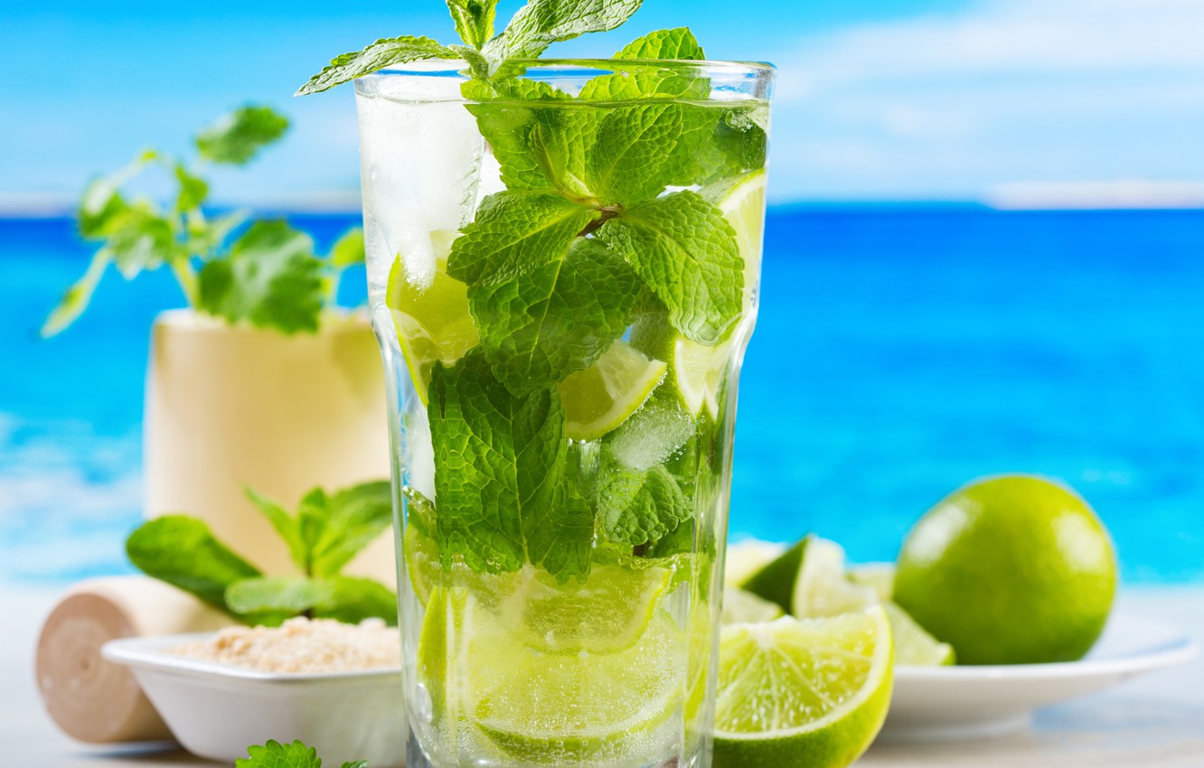 Photo Wallpaper Ice, Sea, Beach, Cocktail, Sugar, Lime, - Mojito Cocktail - HD Wallpaper 